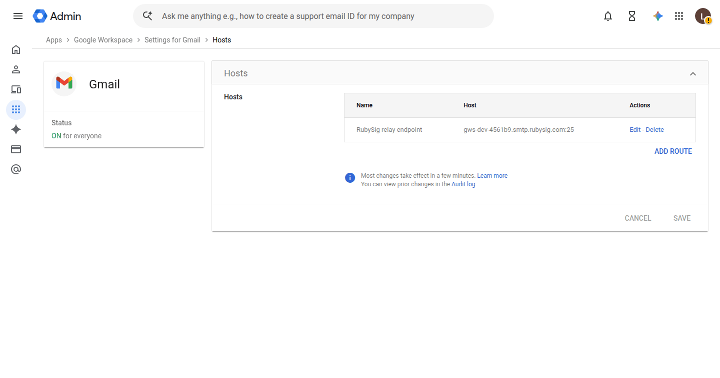 The Hosts page listing mail routes