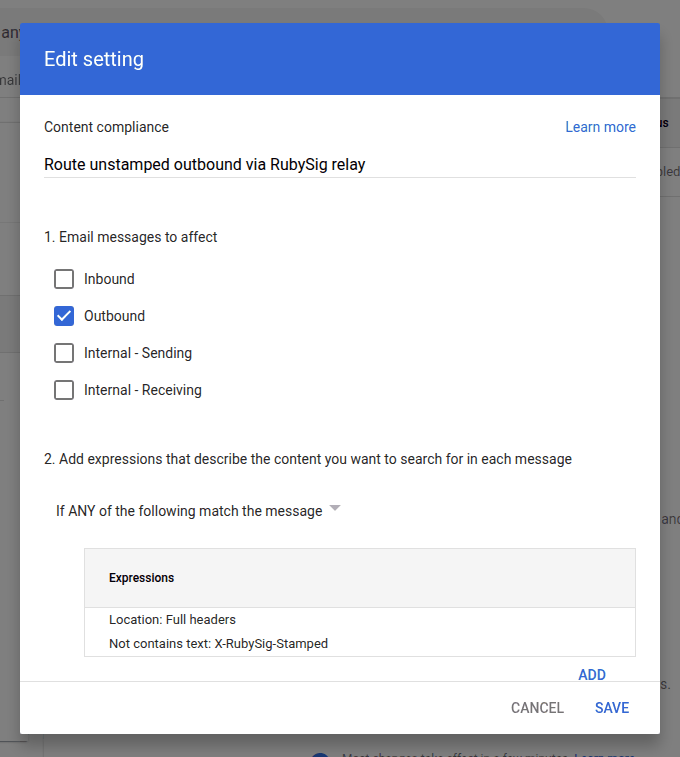 Content compliance dialog with Outbound ticked and the X-RubySig-Stamped expression