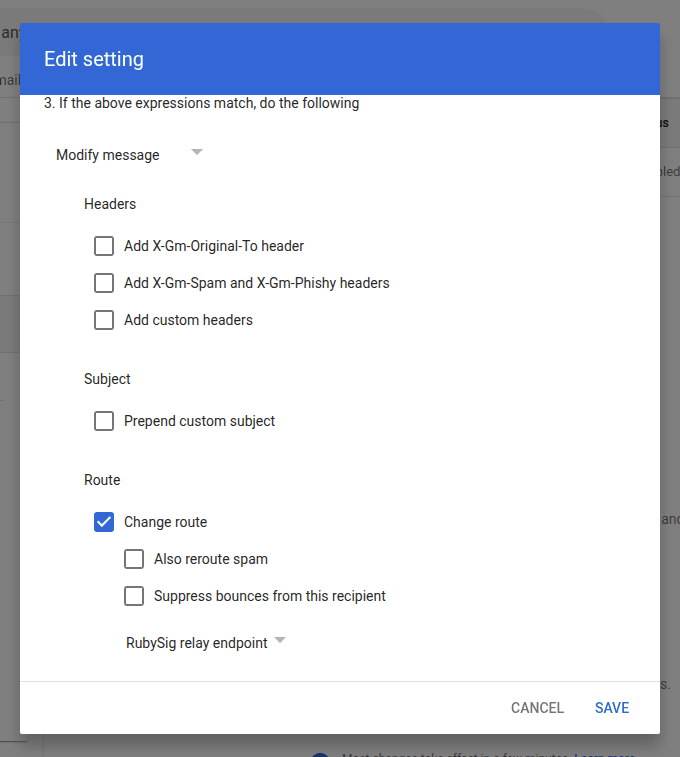 Modify message action with Change route ticked and the RubySig relay endpoint selected