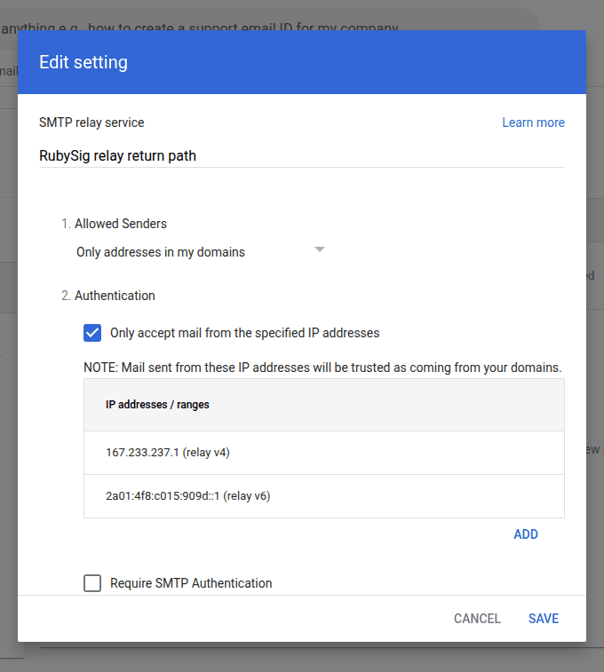 SMTP relay service dialog with allowed senders in my domains and the two relay IP addresses listed