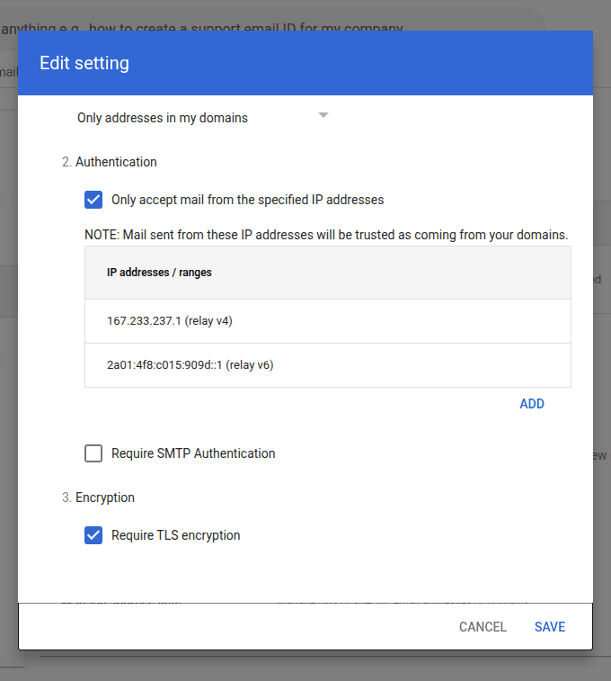 The same dialog scrolled to the encryption option with Require TLS encryption ticked