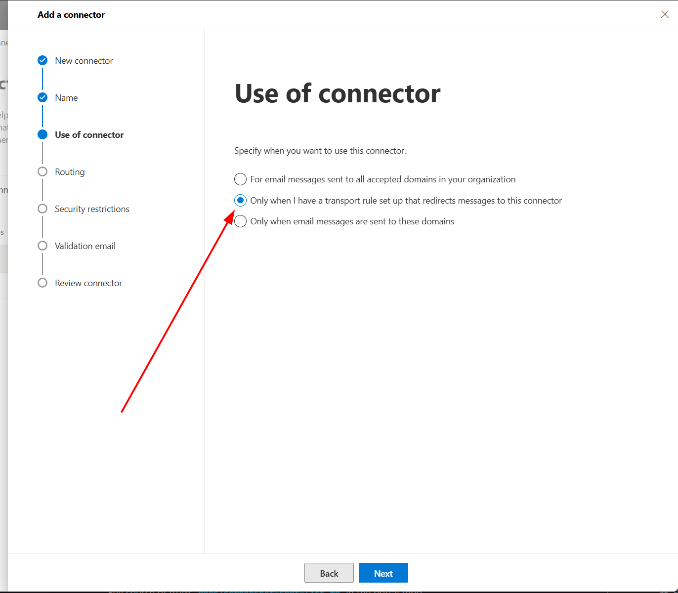 Use of connector screen with the transport-rule option selected