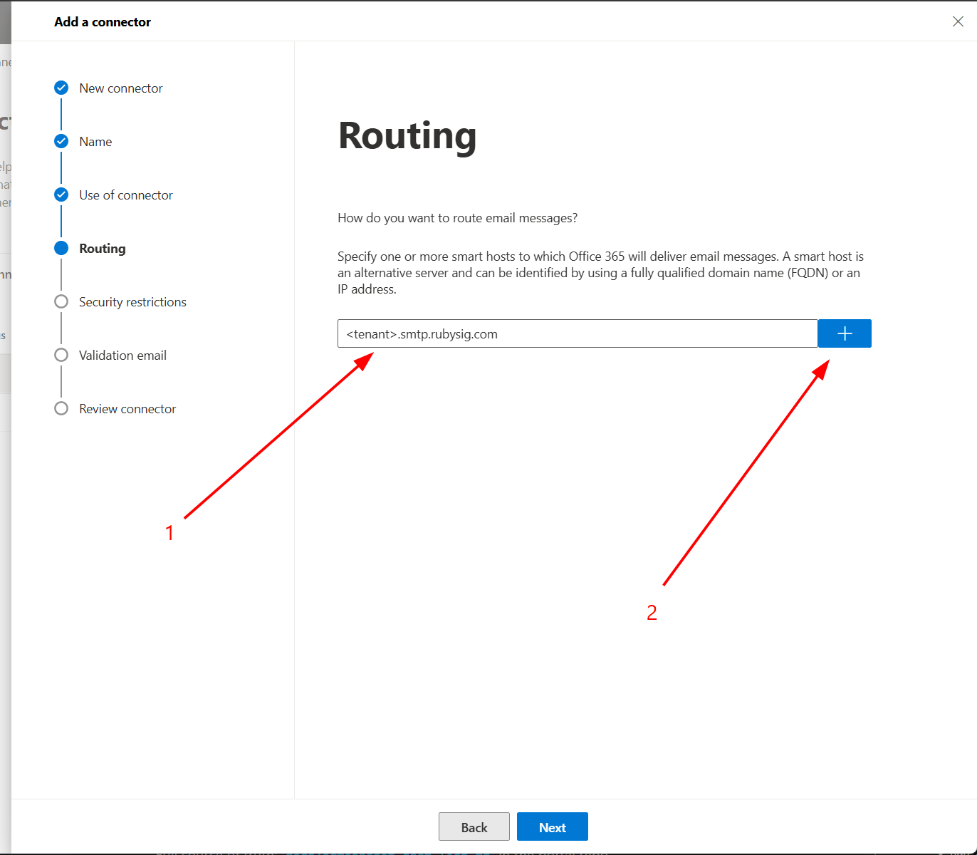 Routing screen with the relay address entered as the smart host