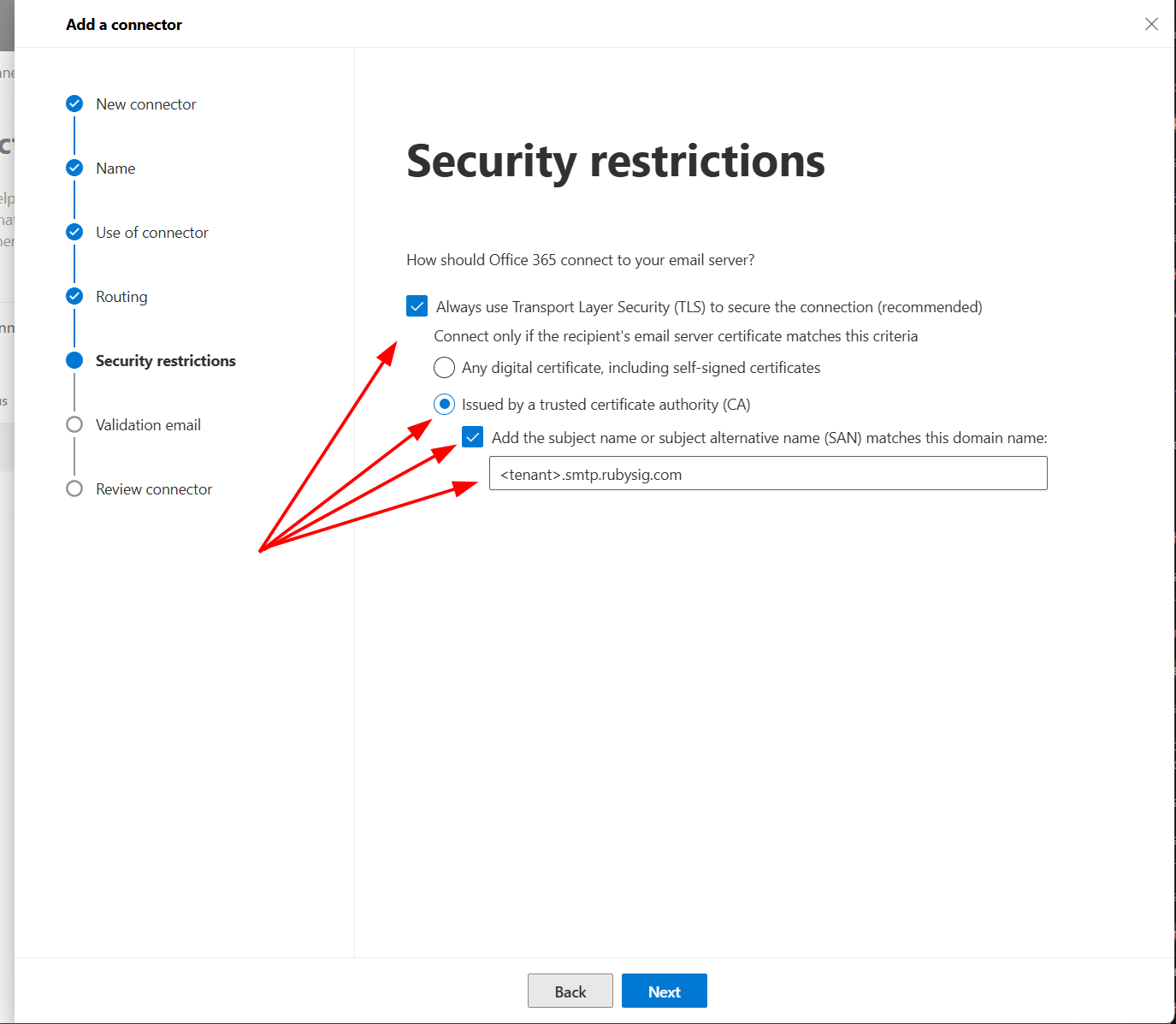 Security restrictions screen with TLS, trusted CA and subject-name match all set