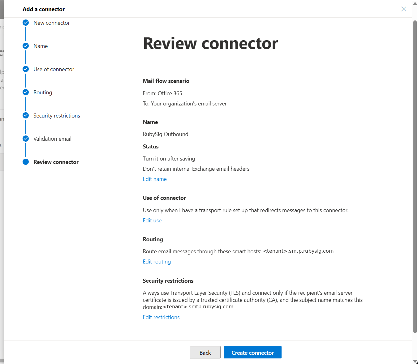 Review connector screen summarising the outbound connector settings