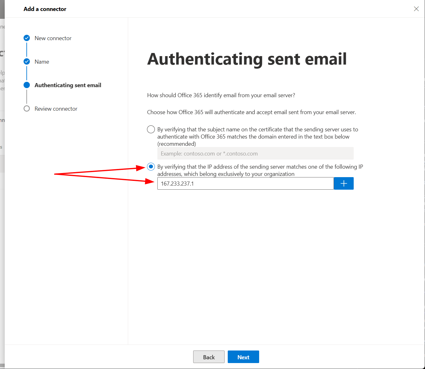 Authenticating sent email screen with the IP-address option selected and the relay address entered