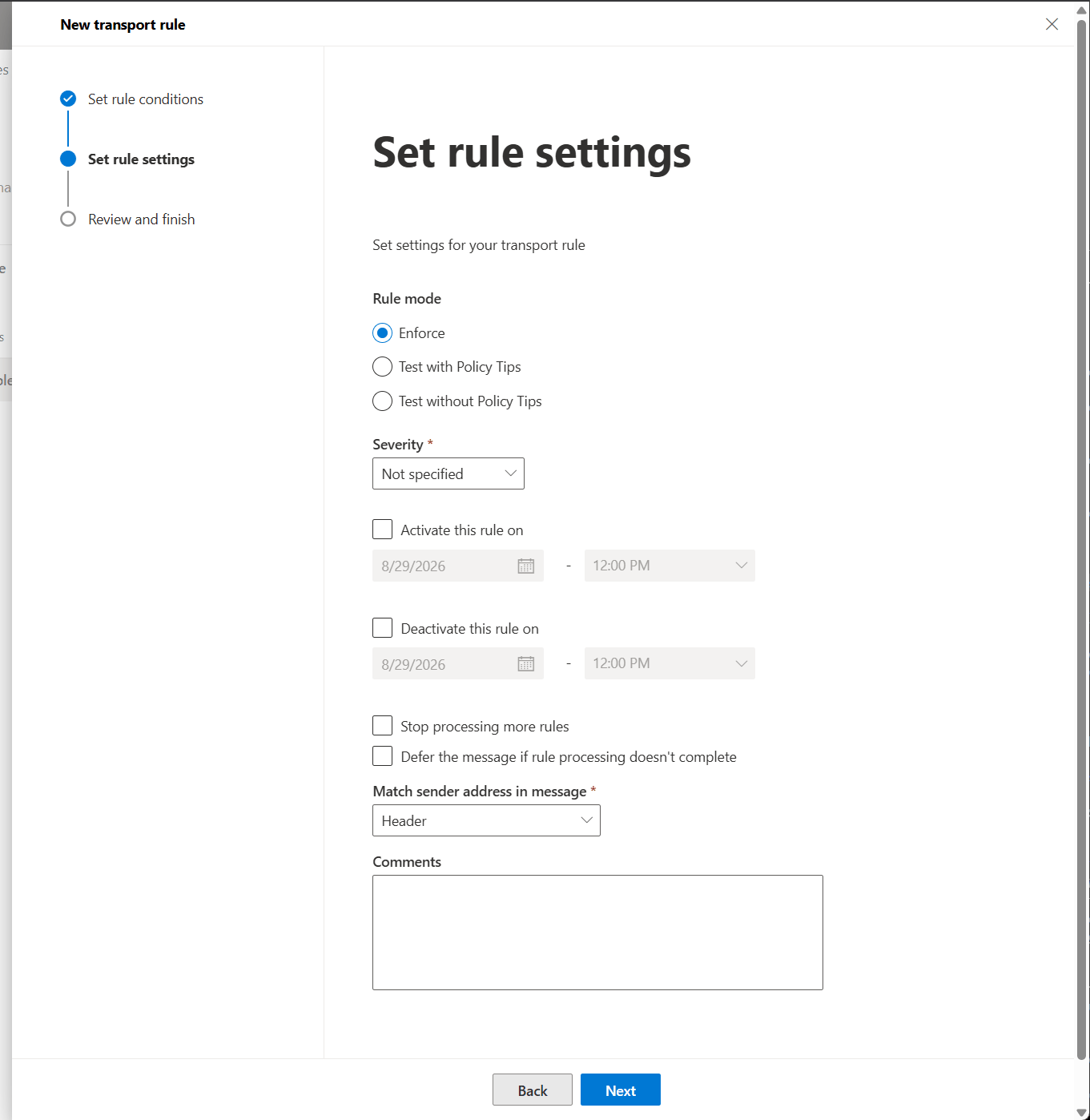 Set rule settings screen with Enforce selected