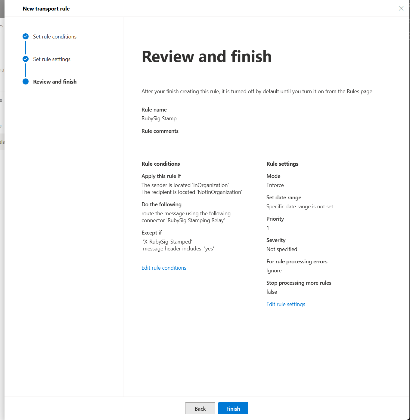 Review and finish screen for the transport rule