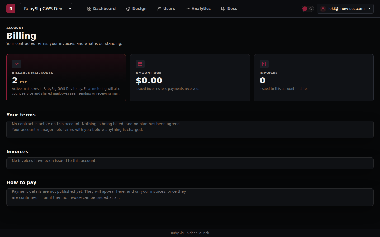 The Billing page with the billable-mailbox estimate, amount due and invoice count